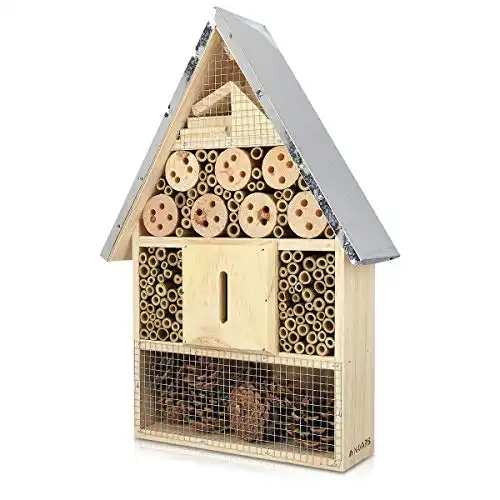 Navaris XL Wooden Insect Hotel - Natural Wood Insect Home Bamboo Nesting Habitat - Garden Shelter for Bees, Butterflies, Ladybugs