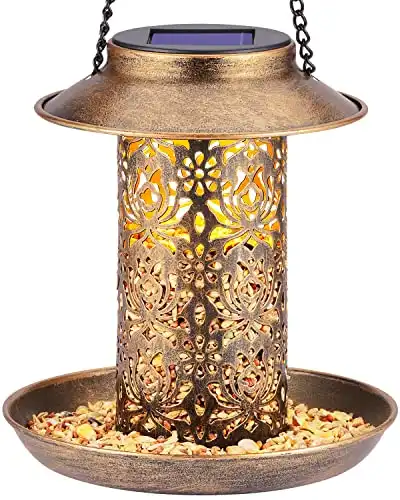 SWEETFULL Solar Bird Feeder for Outdoors Hanging, Metal Wild Bird Feeder for Cardinals Solar Garden Lantern with S Hook as Gift for Bird Lovers