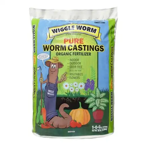 Wiggle Worm 100% Pure Organic Worm Castings Fertilizer, 30-Pounds - Improves Soil Fertility and Aeration for Houseplants, Vegetables, Gardens, and More OMRI-Listed and Mineral-Dense