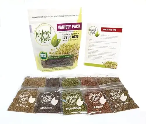 Variety Pack Sprouting Seeds Broccoli, Alfalfa, Radish, Mung beans & Salad Mix for Sprouts and Microgreens. Non-GMO.