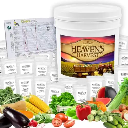 Heaven s Harvest 10 Year Garden Survival Seed Bank Kit | Over 25k Non-GMO Heirloom Vegetable Survival Seeds + 2 Free Bonus Items: Clyde s Garden Planner + Seed Vault Storage Drum for 10 Year Storage