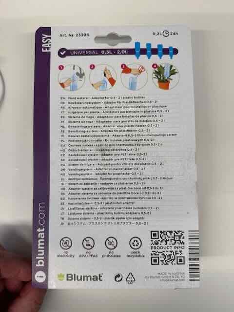I Tried the Plastic Bottle Self-Watering System in a Heatwave and Here's Why It Failed (and What Actually Works 7 Back of the Blumat Watering Universal Adapter package showing setup steps, fitting 0.5 to 2 litre bottles and releasing about 0.2 litres over 24 hours
